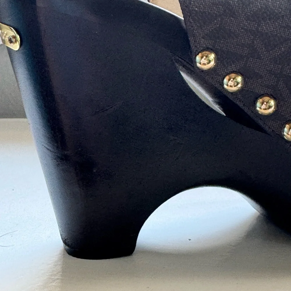 MICHAEL Michael Kors Platform Wedge Brown Monogram Gold Stud Slingback